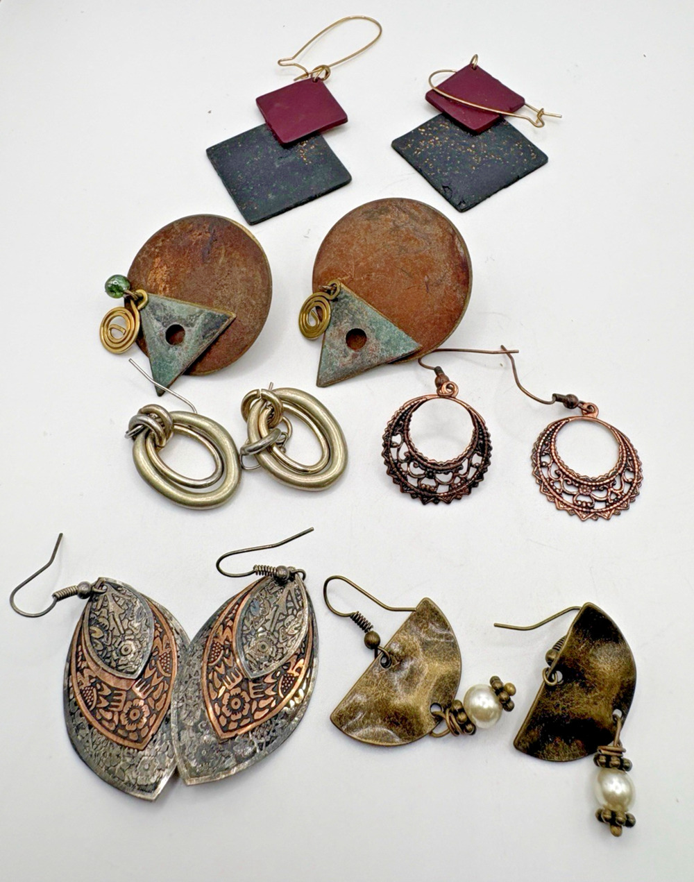 Earrings Lot 6 Pairs Stud Dangle Hook Copper Mixed Metal Brass India Wire Boho